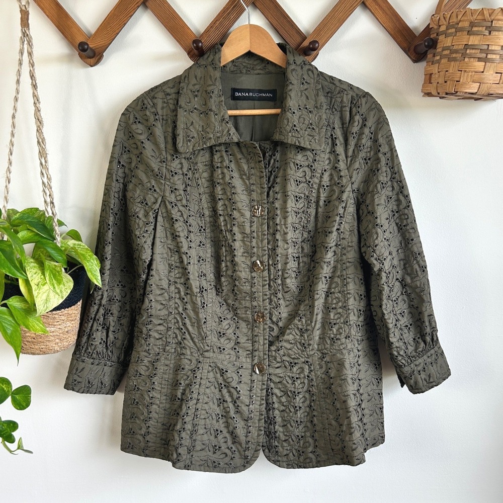 Vintage Dana Buchman Olive Green Eyelet Embroidered Cotton Jacket Size 12 Boho